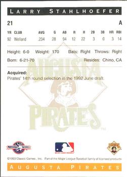 1993 Classic Best Augusta Pirates #21 Larry Stahlhoefer Back