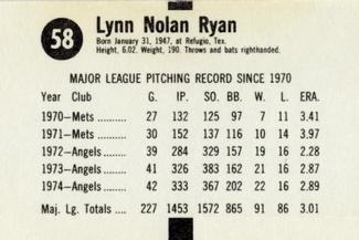 1975 Hostess Twinkies #58 Nolan Ryan Back
