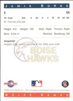 1993 Classic Best Boise Hawks #5 Jamie Burke Back