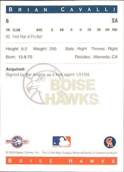 1993 Classic Best Boise Hawks #6 Brian Cavalli Back