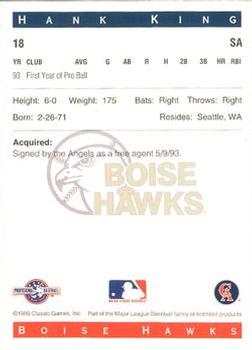 1993 Classic Best Boise Hawks #18 Hank King Back