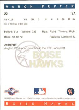1993 Classic Best Boise Hawks #22 Aaron Puffer Back