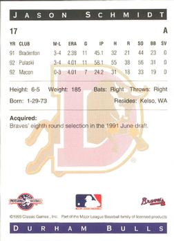 1993 Classic Best Durham Bulls #17 Jason Schmidt Back