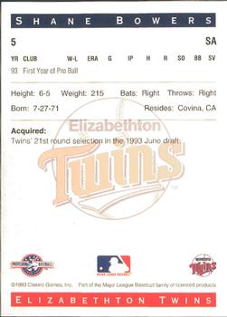 1993 Classic Best Elizabethton Twins #5 Shane Bowers Back