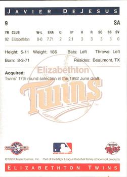 1993 Classic Best Elizabethton Twins #9 Javier DeJesus Back