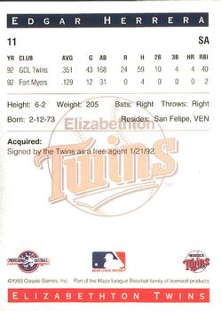 1993 Classic Best Elizabethton Twins #11 Edgar Herrera Back