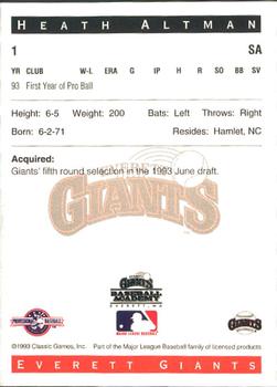 1993 Classic Best Everett Giants #1 Heath Altman Back