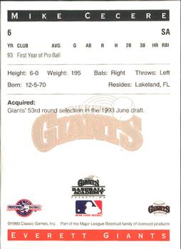 1993 Classic Best Everett Giants #6 Mike Cecere Back