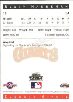 1993 Classic Best Everett Giants #14 Blair Hanneman Back
