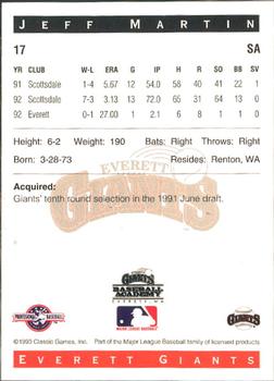 1993 Classic Best Everett Giants #17 Jeff Martin Back
