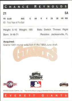1993 Classic Best Everett Giants #21 Chance Reynolds Back