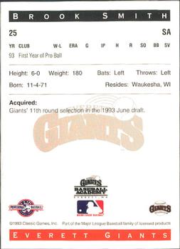 1993 Classic Best Everett Giants #25 Brook Smith Back