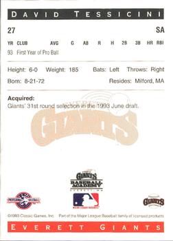 1993 Classic Best Everett Giants #27 David Tessicini Back
