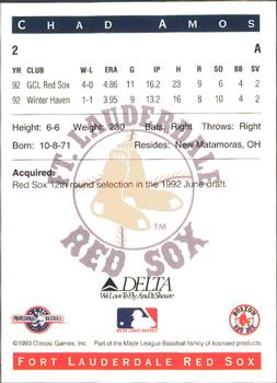1993 Classic Best Fort Lauderdale Red Sox #2 Chad Amos Back