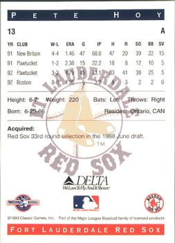 1993 Classic Best Fort Lauderdale Red Sox #13 Pete Hoy Back