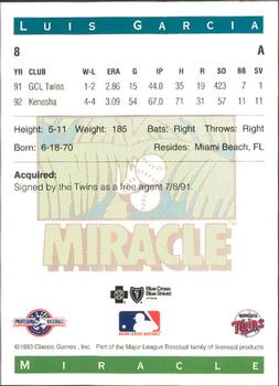 1993 Classic Best Fort Myers Miracle #8 Luis Garcia Back