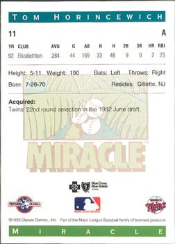 1993 Classic Best Fort Myers Miracle #11 Tom Horincewich Back