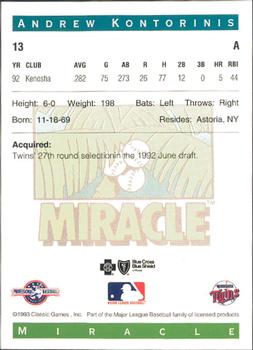 1993 Classic Best Fort Myers Miracle #13 Andrew Kontorinis Back
