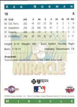 1993 Classic Best Fort Myers Miracle #18 Ken Norman Back