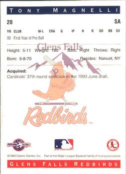 1993 Classic Best Glens Falls Redbirds #20 Tony Magnelli Back