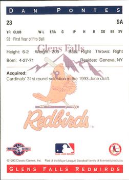 1993 Classic Best Glens Falls Redbirds #23 Dan Pontes Back