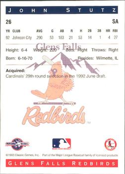 1993 Classic Best Glens Falls Redbirds #26 John Stutz Back