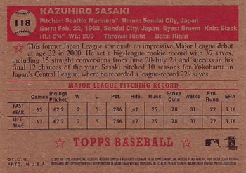 2001 Topps Heritage #118 Kazuhiro Sasaki Back