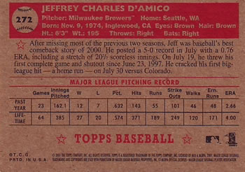 2001 Topps Heritage #272 Jeff D'Amico Back
