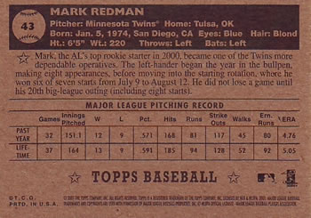 2001 Topps Heritage #43 Mark Redman Back