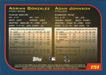 2001 Topps Opening Day #151 Adrian Gonzalez / Adam Johnson Back