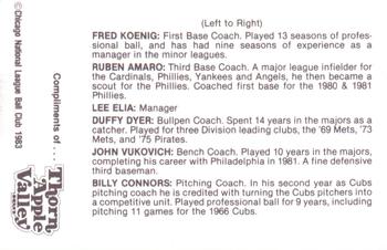 1983 Thorn Apple Valley Chicago Cubs #NNO Lee Elia / Ruben Amaro Sr. / Billy Connors / Duffy Dyer / Fred Koenig / John Vukovich Back