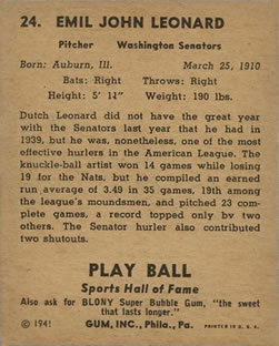 1941 Play Ball #24 Dutch Leonard Back