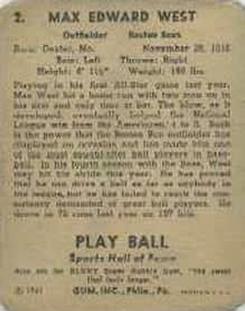 1941 Play Ball #2 Max West Back