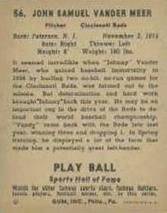 1941 Play Ball #56 Vandy Vander Meer Back