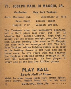 1941 Play Ball #71 Joe DiMaggio Back