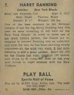 1941 Play Ball #7 Harry Danning Back