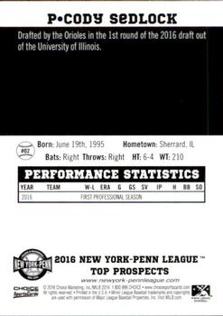 2016 Choice New York-Penn League Top Prospects #02 Cody Sedlock Back