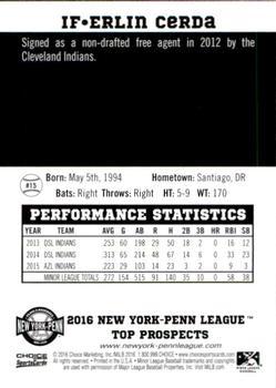 2016 Choice New York-Penn League Top Prospects #15 Erlin Cerda Back
