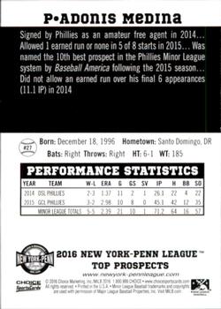 2016 Choice New York-Penn League Top Prospects #27 Adonis Medina Back