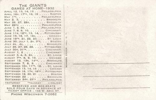 1932 New York Giants Schedule Postcards #NNO Ethan Allen Back