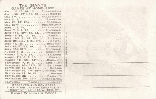 1932 New York Giants Schedule Postcards #NNO Carl Hubbell Back