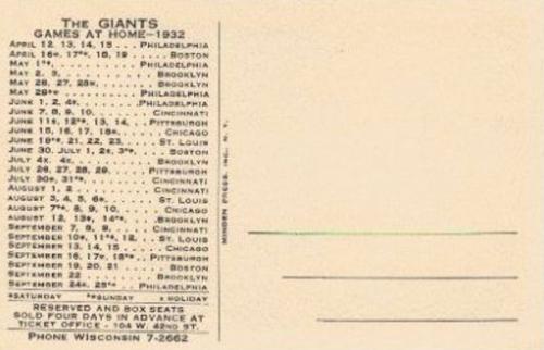1932 New York Giants Schedule Postcards #NNO Bill Terry Back