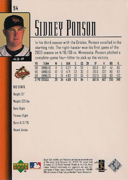 2001 Upper Deck #94 Sidney Ponson Back