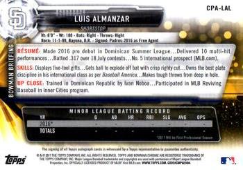 2017 Bowman - Chrome Prospect Autographs #CPA-LAL Luis Almanzar Back