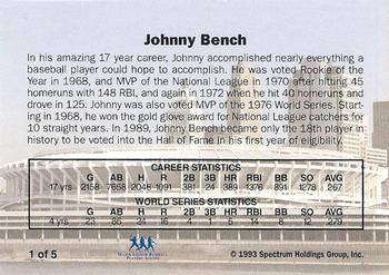 1993 Spectrum Diamond Club Reds Greats #1 Johnny Bench Back