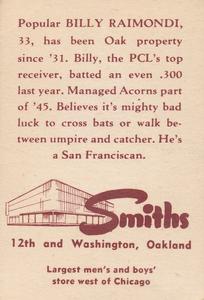 1947 Smith's Oakland Oaks #2 Billy Raimondi Back