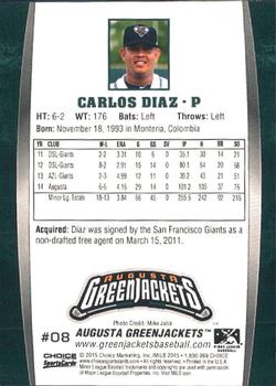 2015 Choice Augusta GreenJackets #08 Carlos Diaz Back
