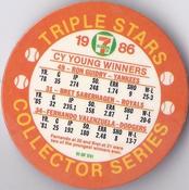1986 7-Eleven Triple Stars Coins: East Region #VI Ron Guidry / Bret Saberhagen / Fernando Valenzuela Back