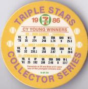 1986 7-Eleven Triple Stars Coins: Southeast Region #VI Ron Guidry / Bret Saberhagen / Fernando Valenzuela Back