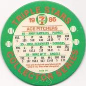 1986 7-Eleven Triple Stars Coins: West Region #XII Andy Hawkins / Orel Hershiser / Mike Witt Back
